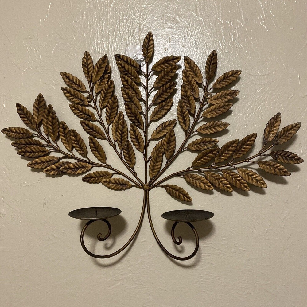 MCM‎ Gilt Metal Leaves Double Candle Holder Wall Sconce Hollywood Regency Retro